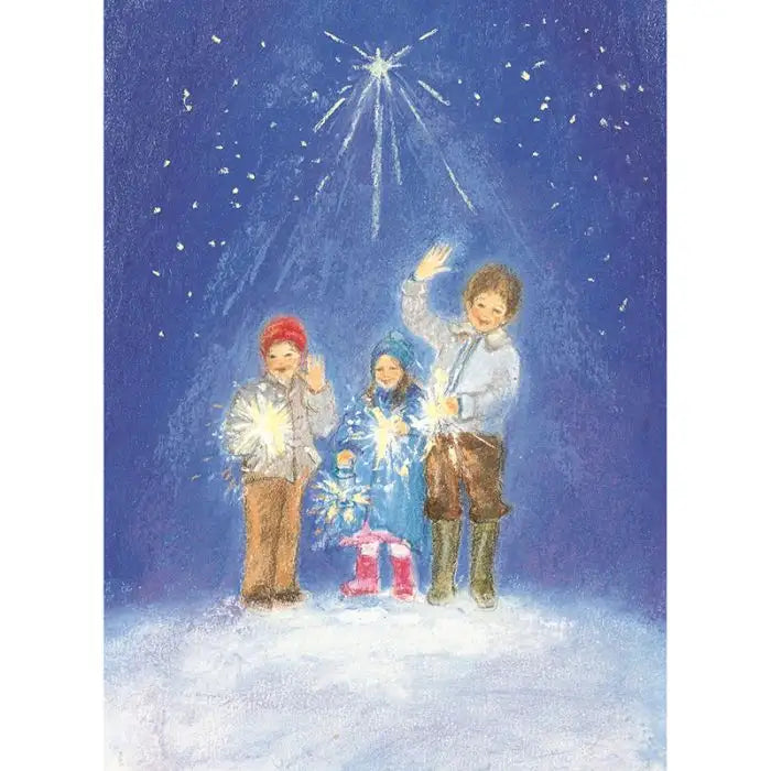 Postkarte Frohes Neues Jahr von Marjan van Zeyl, Kinder mit Wunderkerzen unterm Sternenhimmel