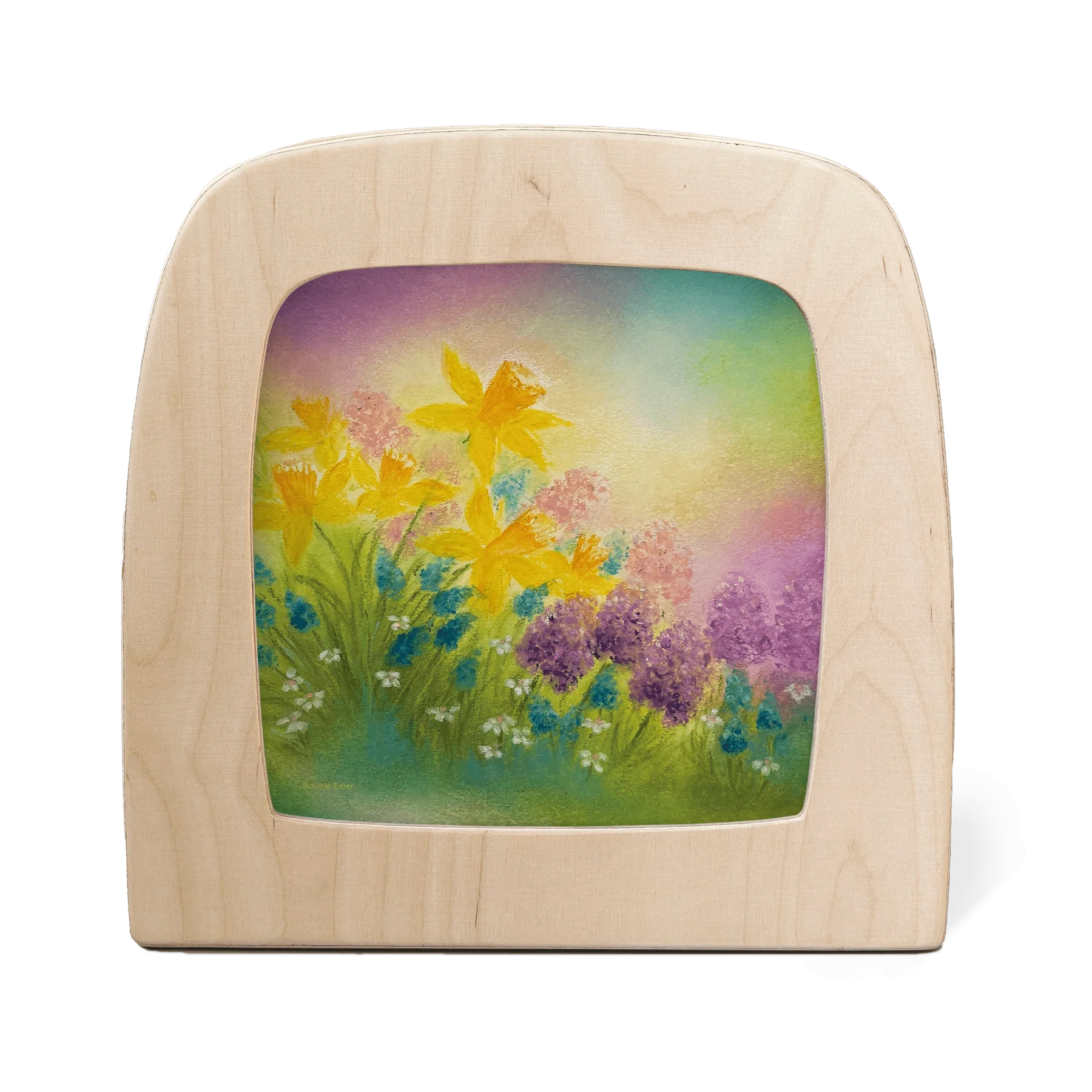Toverlux Motiv Frühling: gelbe Narzissen und rosa Hyazinthen vor pastellfarbenem Himmel