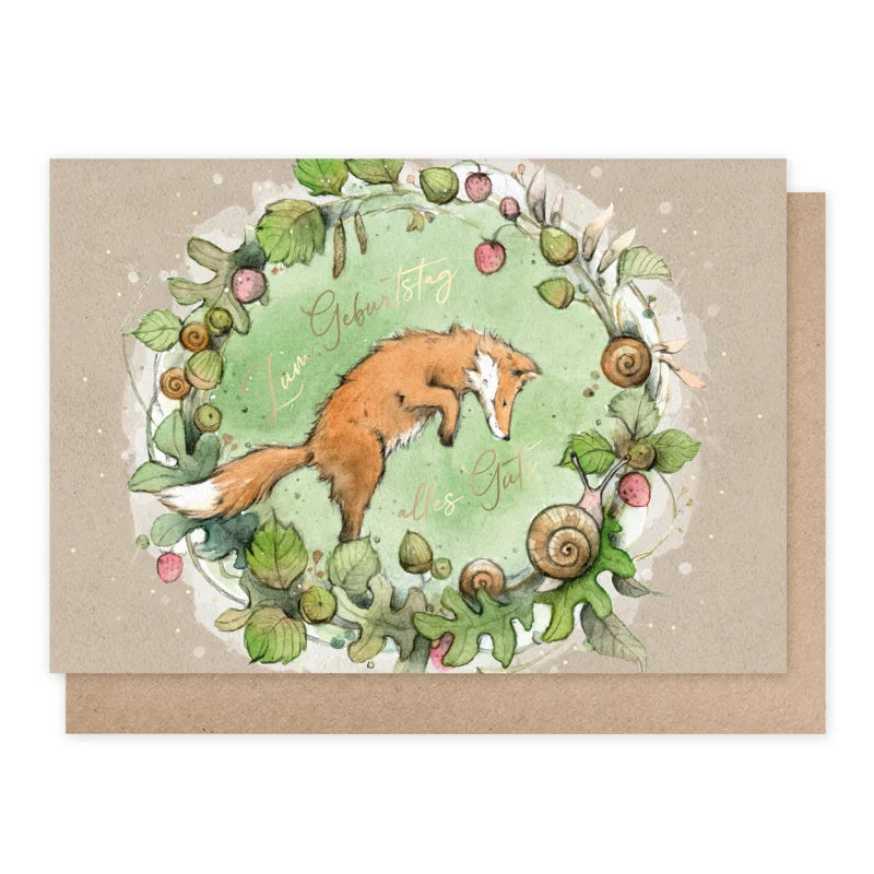 Geburtstagskarte mit liegendem Fuchs im Blätterkranz mit Eicheln und Schnecken – Zum Geburtstag alles Gute GK2