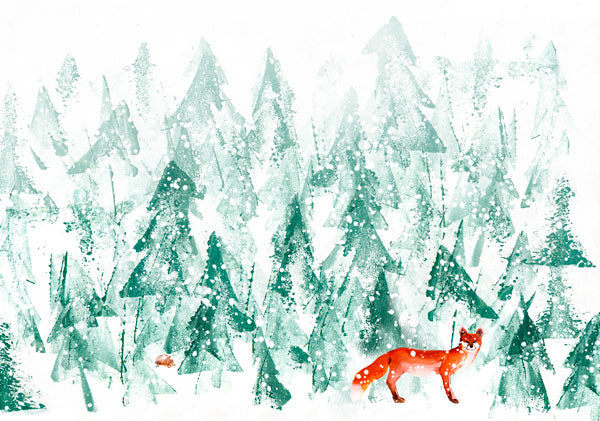 Postkarte Fuchs im Winterwald von Bettina Beuttenmueller, Fuchs im Tannenwald bei Schneefall