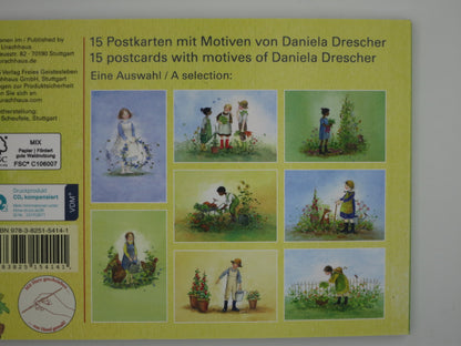 Rückseite des Postkartenbuchs Gartenkinder von Daniela Drescher mit Motivübersicht