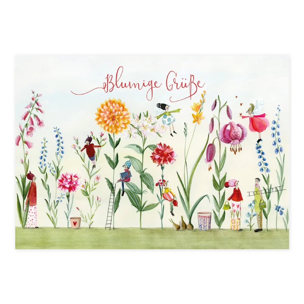 Postkarte mit Blumenbeet und winzigen Gartenwichteln beim Gießen und Klettern – Blumige Grüße PKGR7