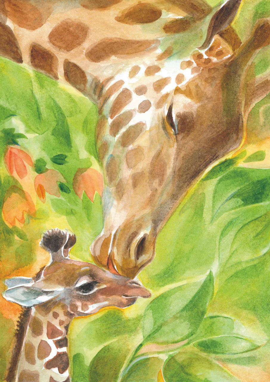 Postkarte Giraffen von Marie Laure Viriot – Giraffenmutter mit Jungtier