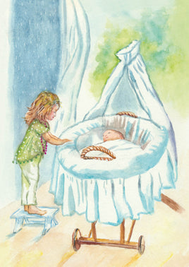 Postkarte Grosse Schwester von Anne C. Wenzel – Kind schaut in die Wiege des Babys