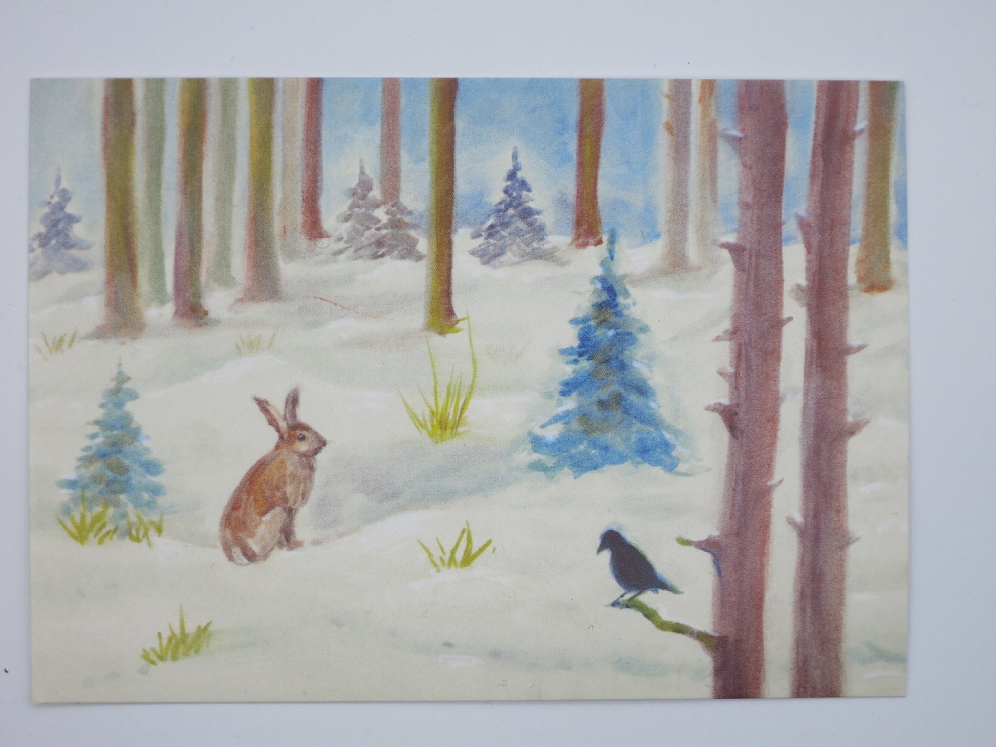Kunstpostkarte Hase und Vogel von Erika Hoffmann – Hase und Vogel im Winterwald, PKWI268