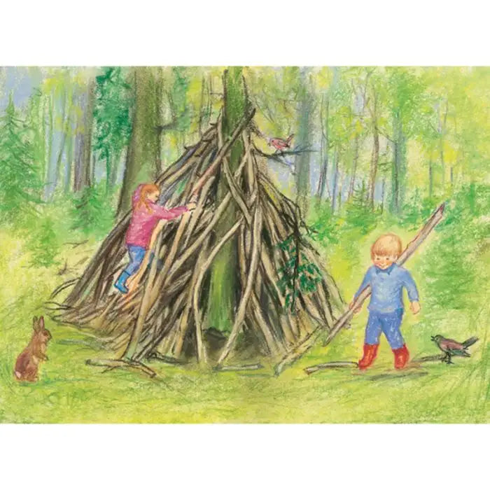 Postkarte Haus im Wald von Marjan van Zeyl: Kinder bauen eine Ast-Hütte im Wald