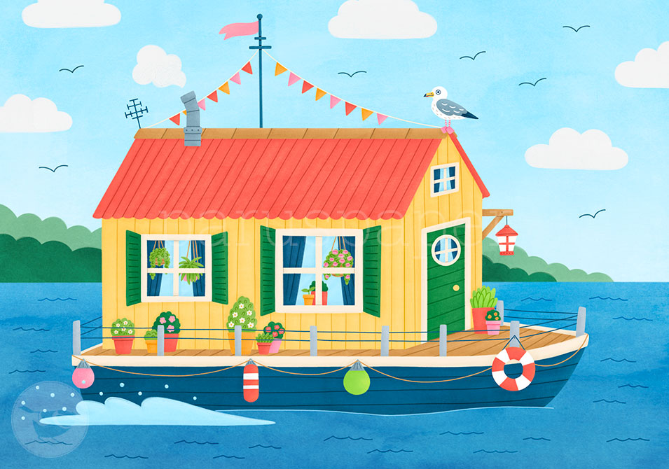 Postkarte Hausboot mit Möwe auf dem Dach – PKGR77