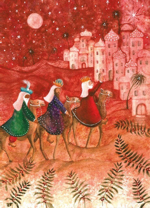 Postkarte Heilige drei Koenige von Bijdehansje, drei Weise auf Kamelen reiten zur Stadt unter dem Stern von Bethlehem