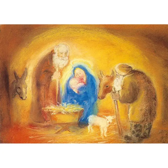 Postkarte Heilige Familie von Marjan van Zeyl, Maria Josef und Kind in warmer Krippenszene