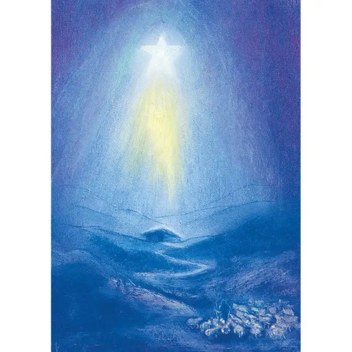 Postkarte Heilige Nacht von Marjan van Zeyl, Stern von Bethlehem ueber stiller Winterlandschaft mit Huette und Schafherde