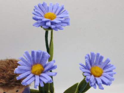 Detailaufnahme der blau-violetten Asternblüten mit gelber Mitte, Waldorf-Blumenkind Art. HE46.