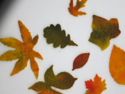 Herbstblaetter aus Woll-Maerchenfilz in Nahaufnahme, verschiedene Blattformen und Farbverlaeufe, Art. HE4