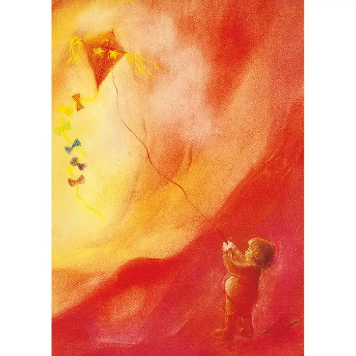 Pastell-Postkarte Herbstdrache: Kind mit Rautendrachen vor glühendem Himmel, Marjan van Zeyl, Art. PKHE46