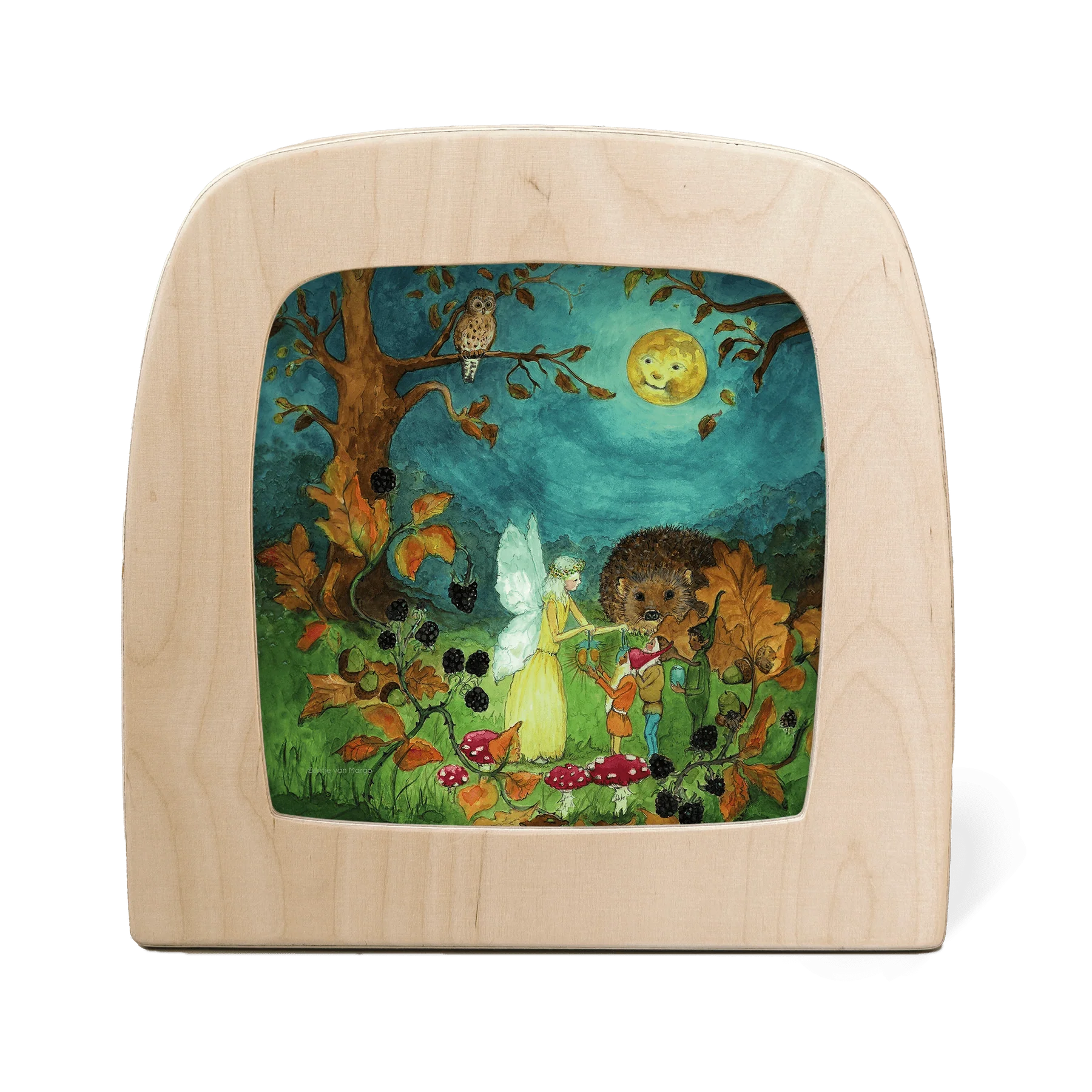 Herbstelfe Toverlux Motiv MO93: Elfe mit Kerze führt Igel, Eule und Brombeerranken durch die Herbstnacht bei Vollmond, Eentje van Margo – für die Magische Lampe und den Jahreszeitentisch