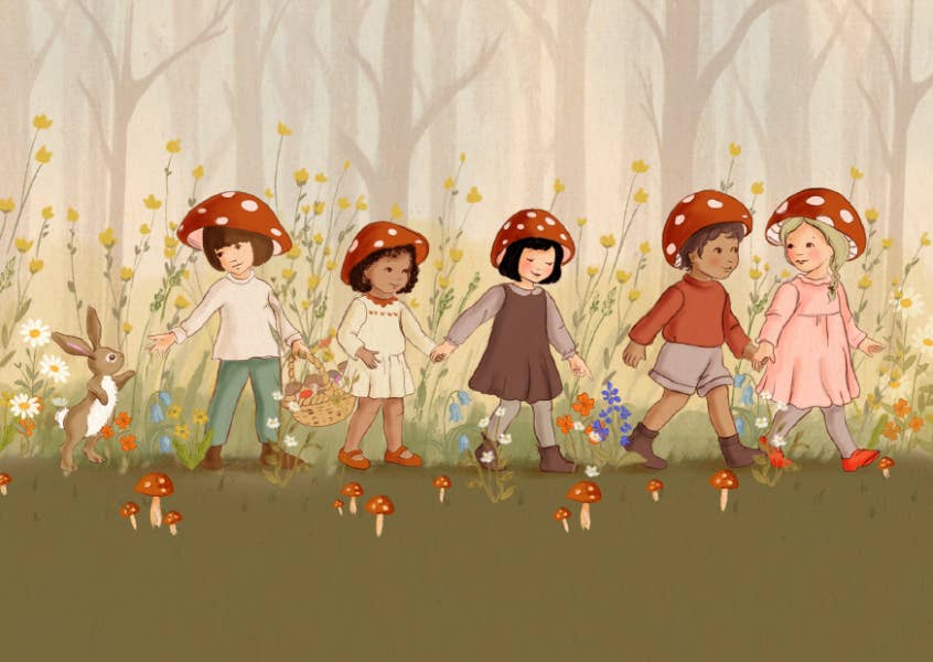 Postkarte Pilzparade zeigt Kinder mit Fliegenpilzhüten im Wald- Illustriert von Belle & Boo 