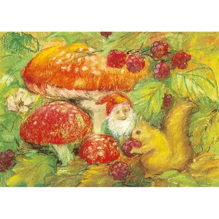 Postkarte Herbstzwerg zwischen Fliegenpilzen mit Eichhörnchen, Marjan van Zeyl, Art. PKHE60