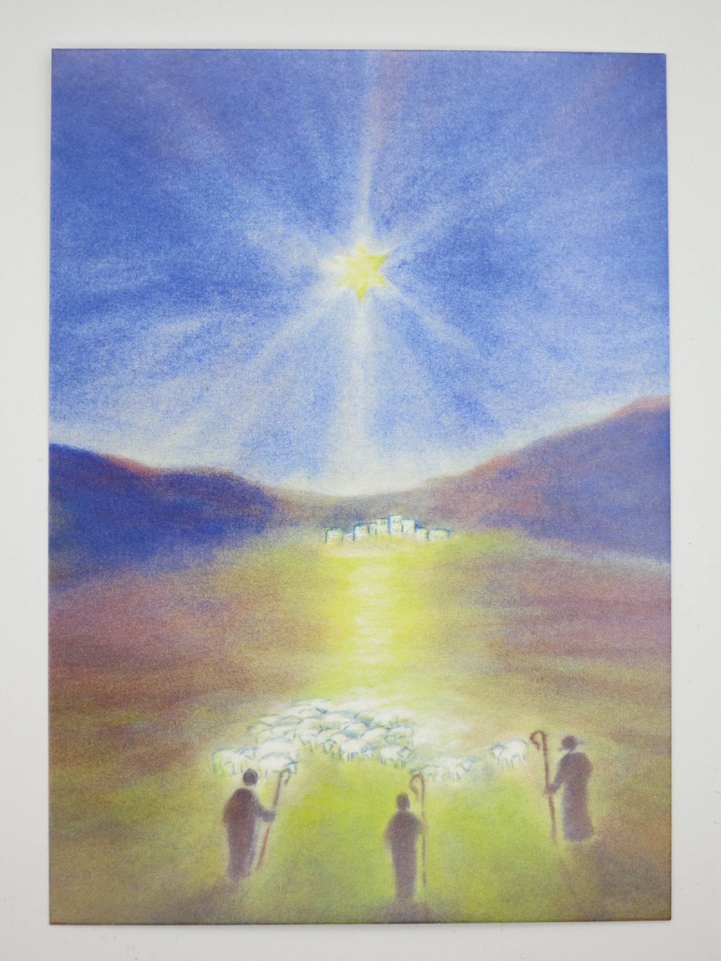 Postkarte Hirten auf dem Feld von Erika Hoffmann, Hirten und Schafherde im Licht des Sterns von Bethlehem