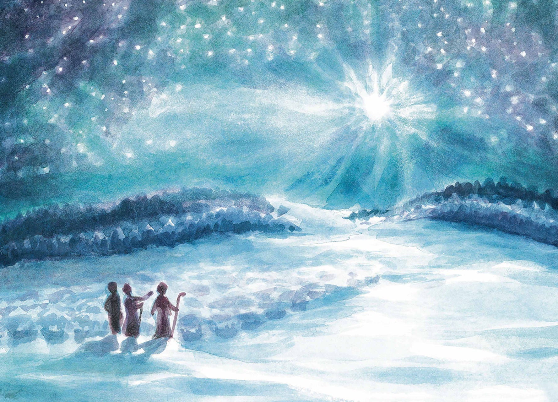 Kunstpostkarte Hirtennacht von Marie Laure Viriot – Hirten und Stern über Winterlandschaft, PKWI91