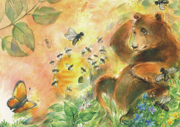 Waldorf Postkarte Honigbär von Marie Laure Viriot: Braunbär am wilden Bienennest mit Schmetterling