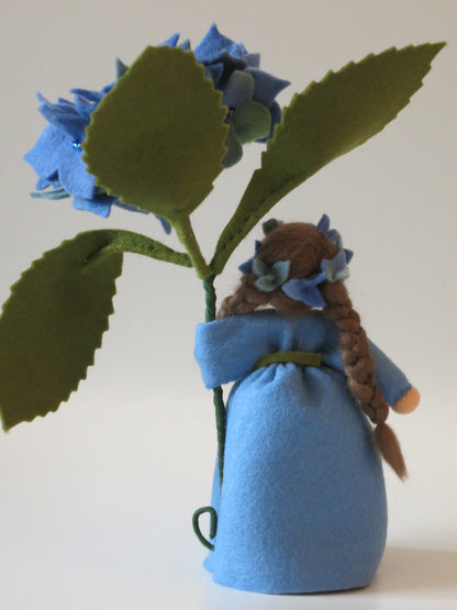 Seitenansicht der blauen Hortensien-Figur mit Blütendolde und Rankdraht am Kleidsaum.