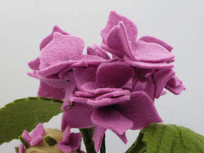 Rückansicht des lila Hortensie-Blumenkindes mit blondem Zopf und Blütenkranz.