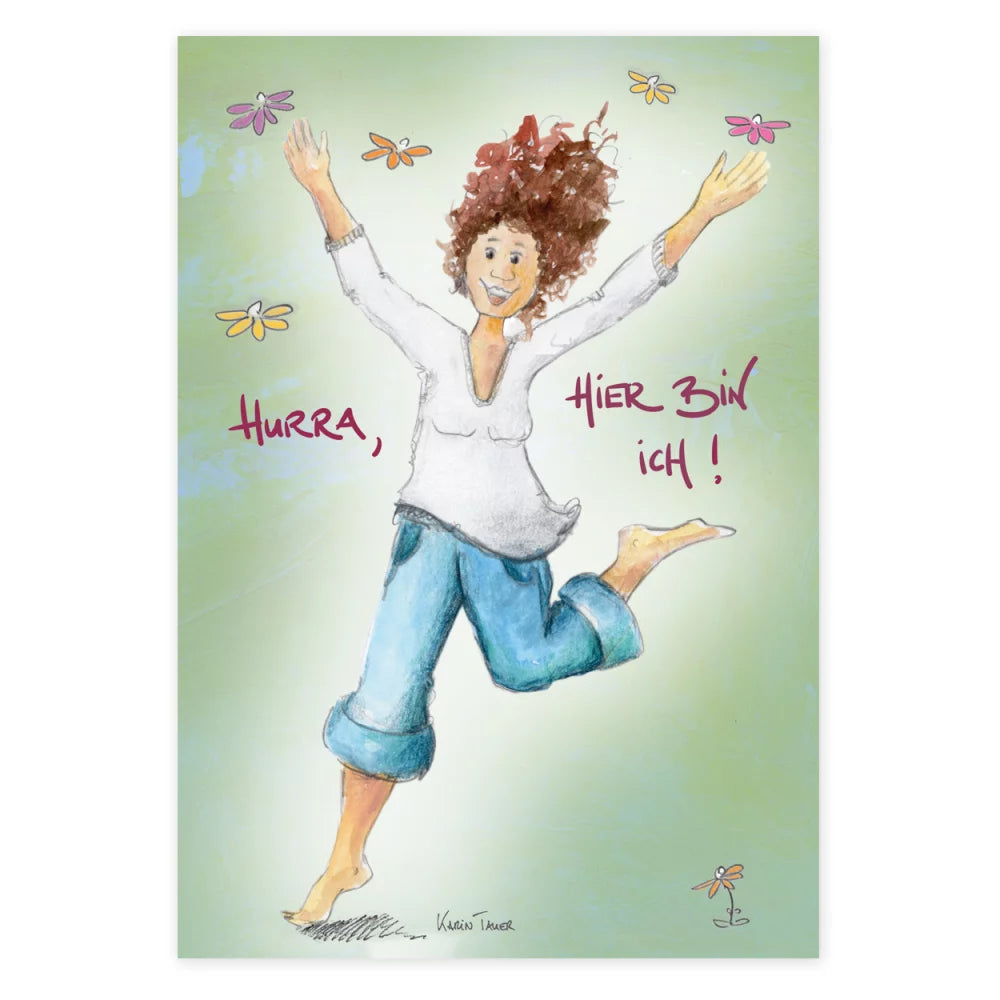 Postkarte Hurra, hier bin ich: springende Frau – PKGR140
