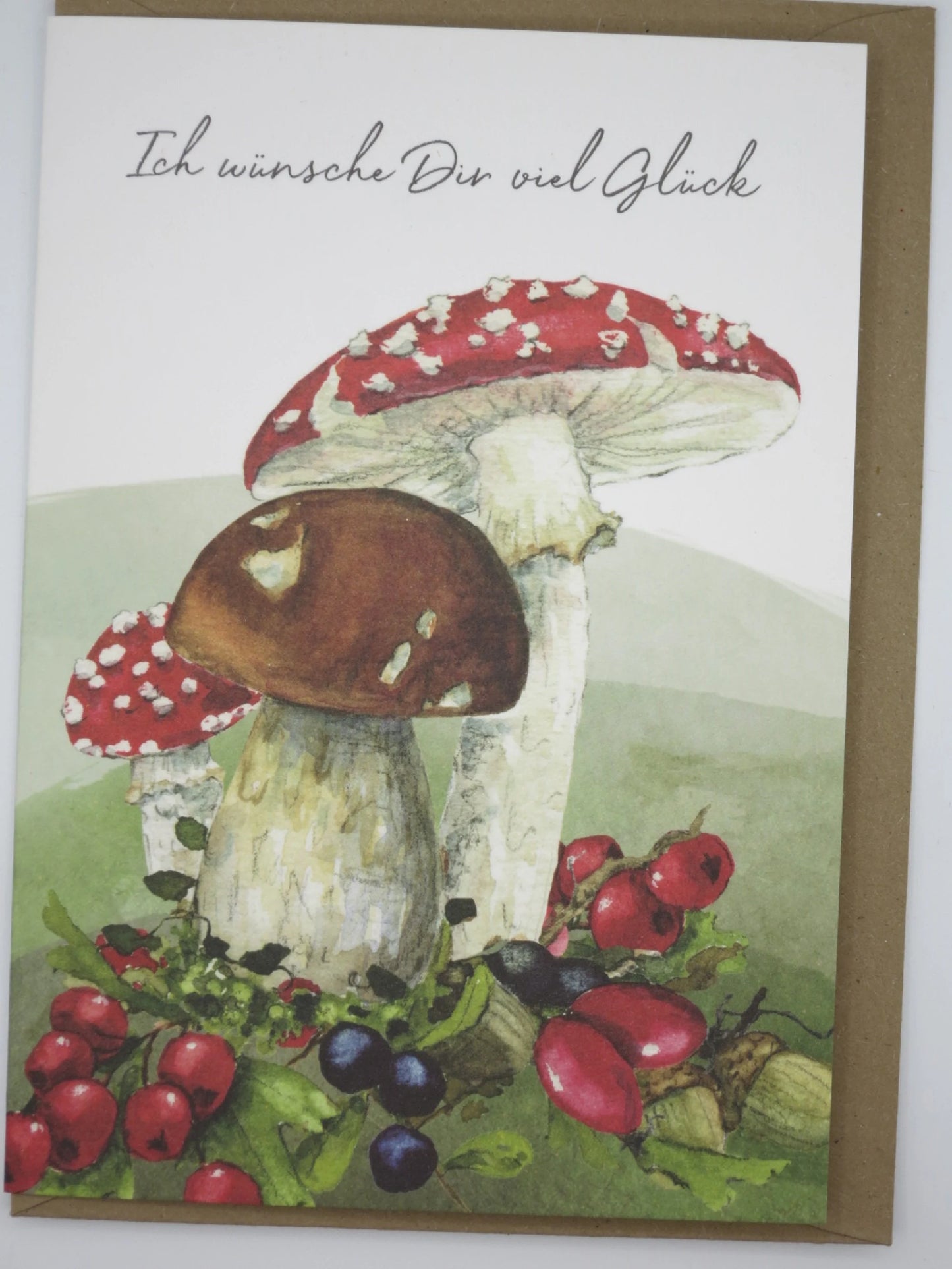 Doppelkarte Ich wünsche dir ganz viel Glück mit Fliegenpilz und Waldfrüchten – PKGR89