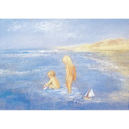 Waldorf Postkarte Im Meer von Marjan van Zeyl – Kinder spielen im flachen Wasser mit Spielzeugboot
