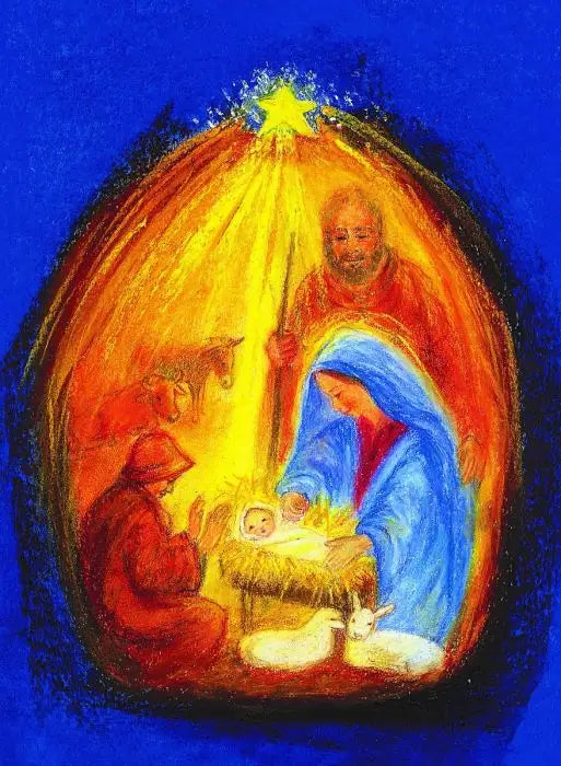 Postkarte In einem Stall in Bethlehem von Marjan van Zeyl, Krippenszene mit Maria Josef und Stern