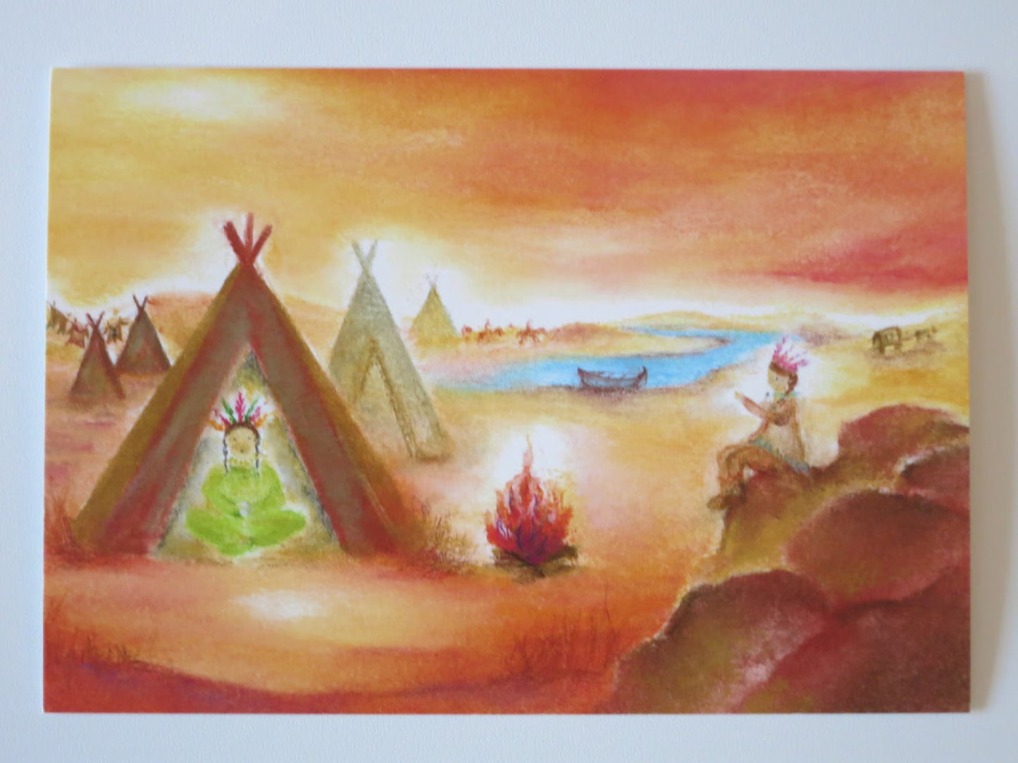 Waldorf Postkarte Indianer von Baukje Exler mit Tipi-Lager bei Sonnenuntergang