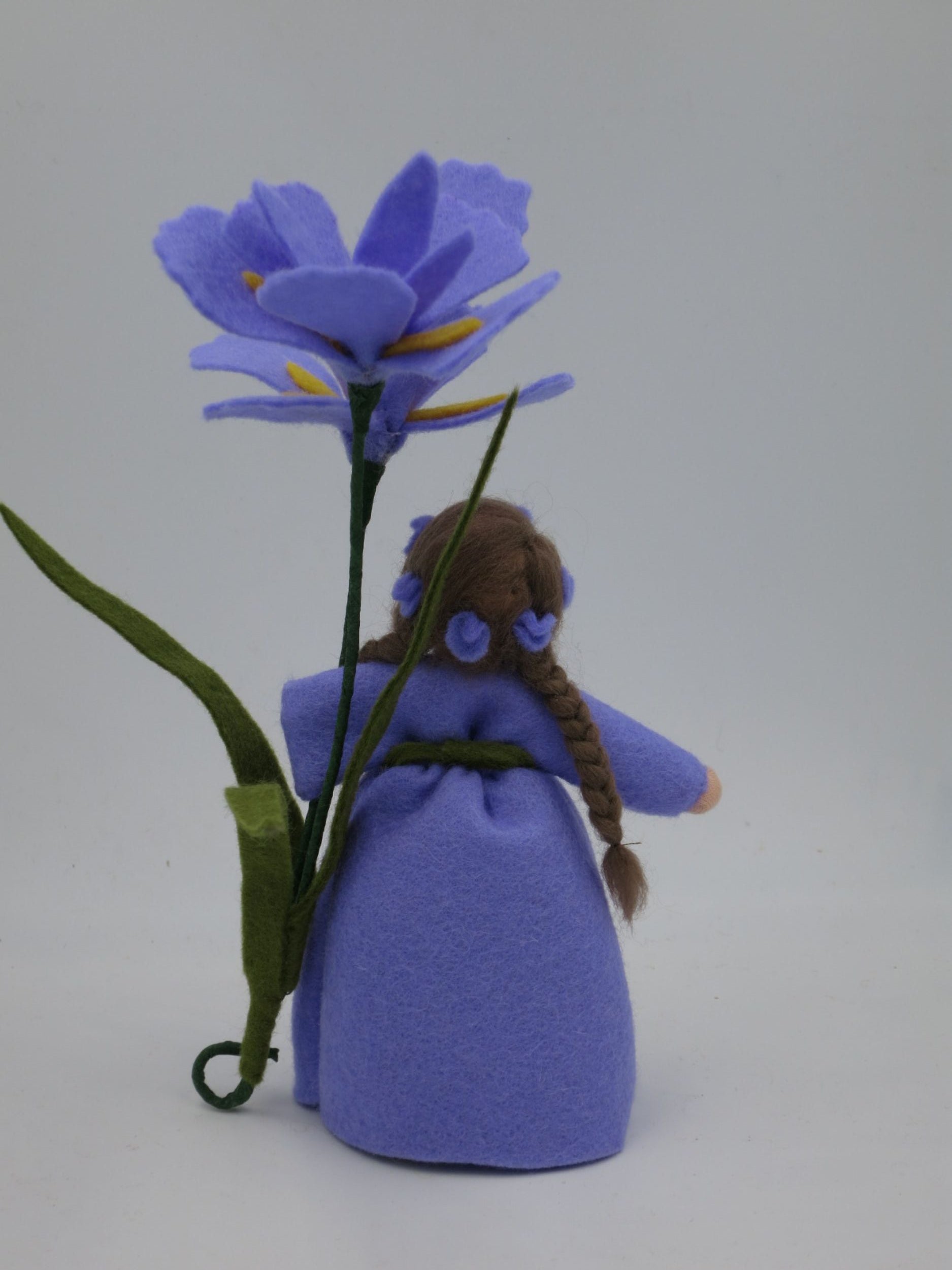 Rückansicht des Iris-Schwertlilie-Waldorf-Blumenkindes