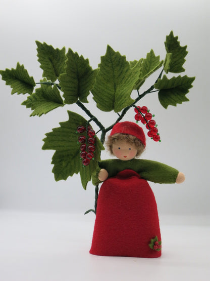 Halbprofil Johannisbeere-Blumenkind aus Wollfilz mit Beerenzweig, Waldorf-Wollfilzfigur