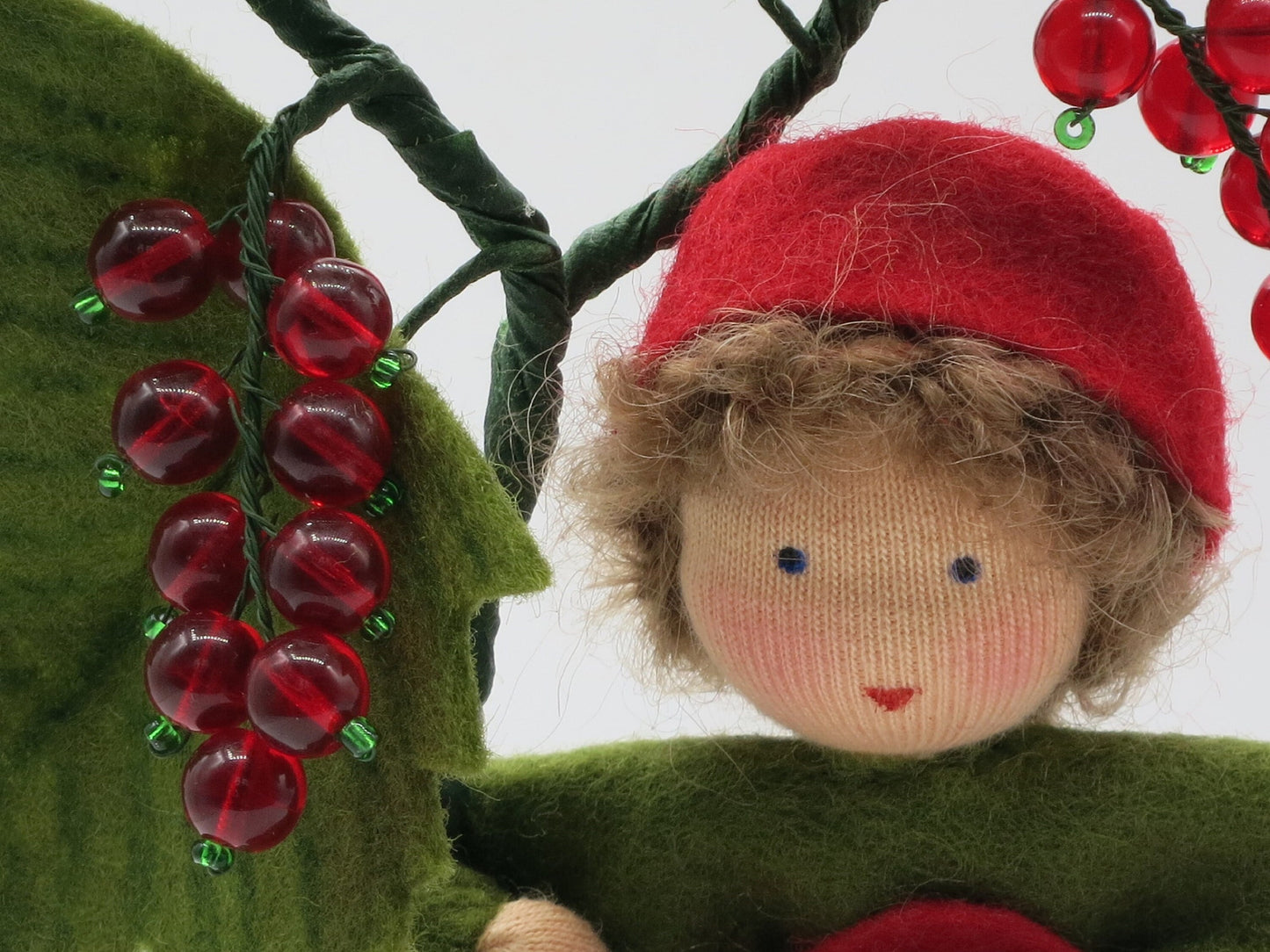 Detailaufnahme der Perlenbeeren und gezähnten Filzblätter am Waldorf-Blumenkind Johannisbeere