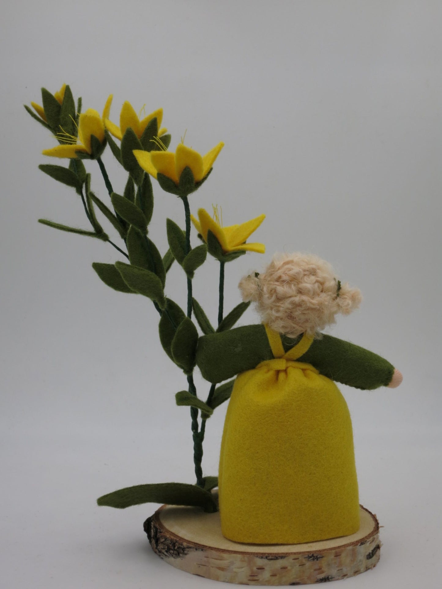 Frontale Nahaufnahme der fünf gelben Johanniskraut-Blüten am Wollfilz-Blumenkind.