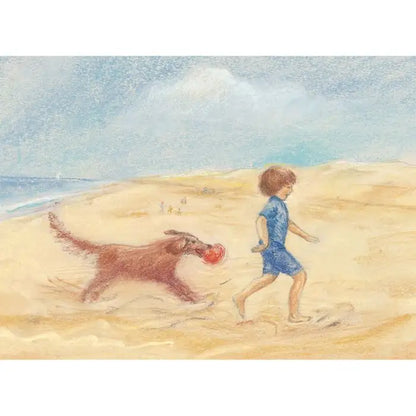 Waldorf Postkarte Junge mit Hund von Marjan van Zeyl – Junge und Hund rennen am Strand