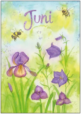 Waldorf Monatspostkarte Juni – Schriftzug mit Glitzer ueber Schwertlilie und Glockenblumen, von Inga Berkenstraeter
