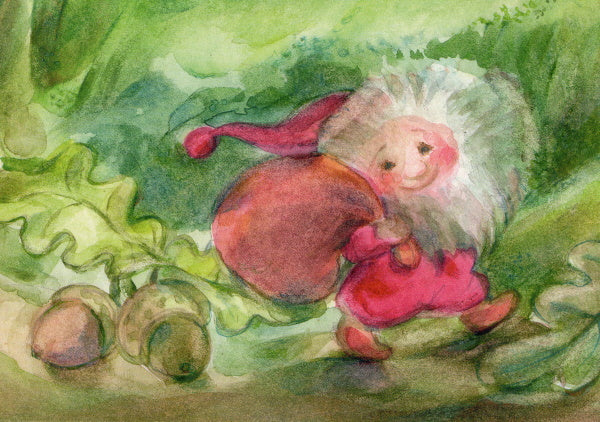Postkarte Juppeida: jauchzender Herbstzwerg mit Eicheln, Marie Laure Viriot, Art. PKHE5