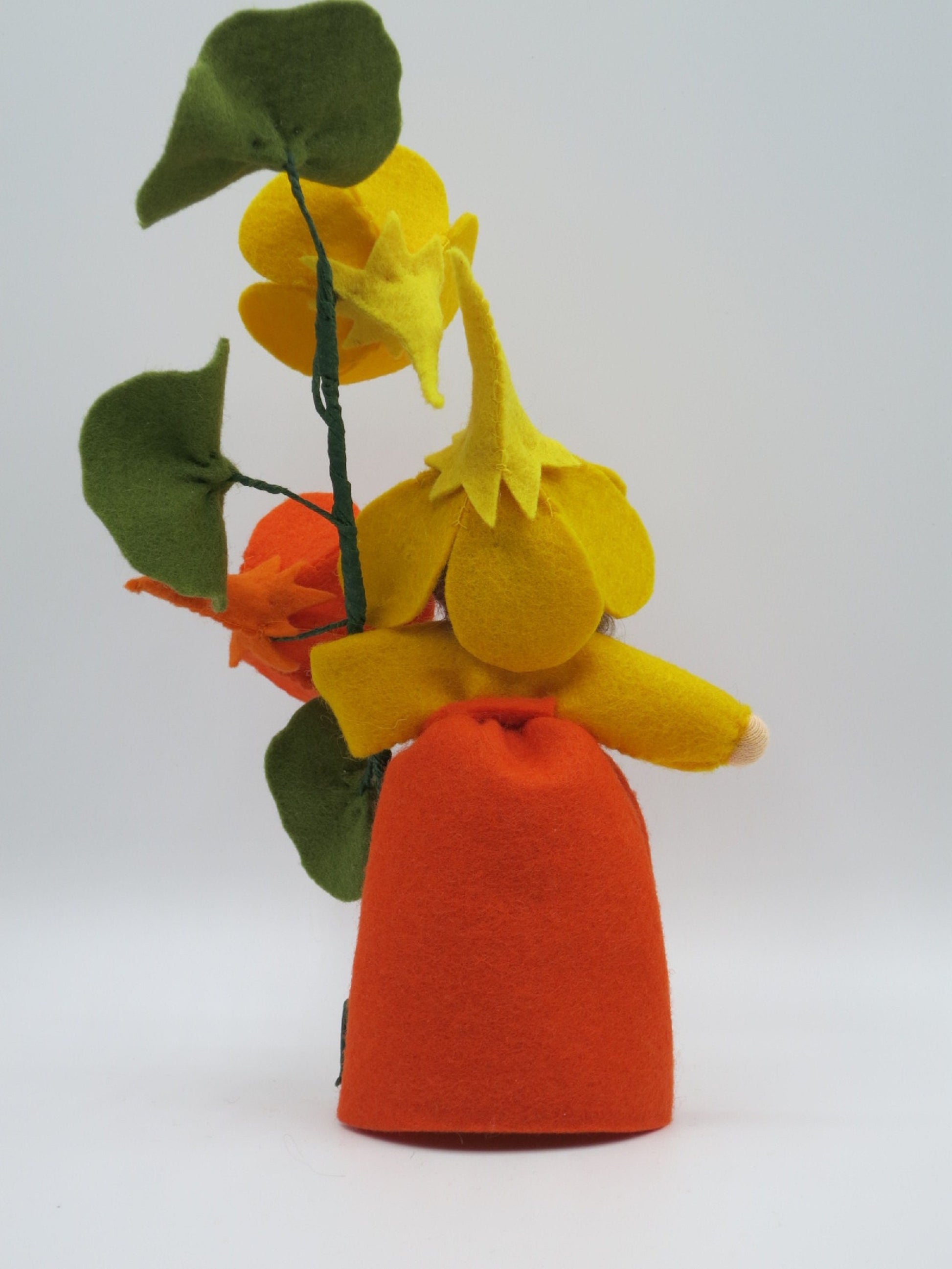 Porträt der Kapuzinerkresse-Figur mit gelbem Blütenhütchen und orangem Kleid.