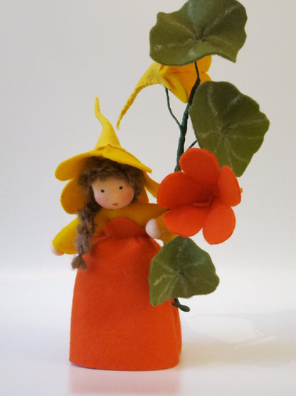 Seitenansicht der Kapuzinerkresse mit deutlich sichtbarem Sporn an der orangen Blüte.
