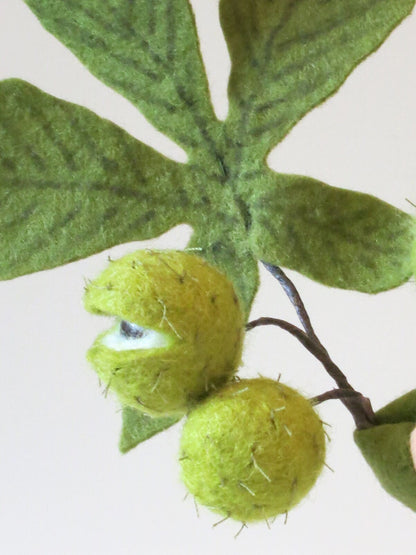 Kastanien-Junge Blumenkind aus Wollfilz, Frontalansicht mit Kastanienhuellen, Waldorf-Jahreszeitentisch, Art. HE35