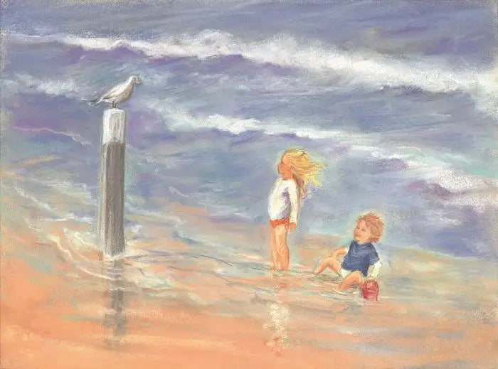 Postkarte Kinder mit Moewen von Marjan van Zeyl: Kinder im Wasser beobachten Moewe auf Poller