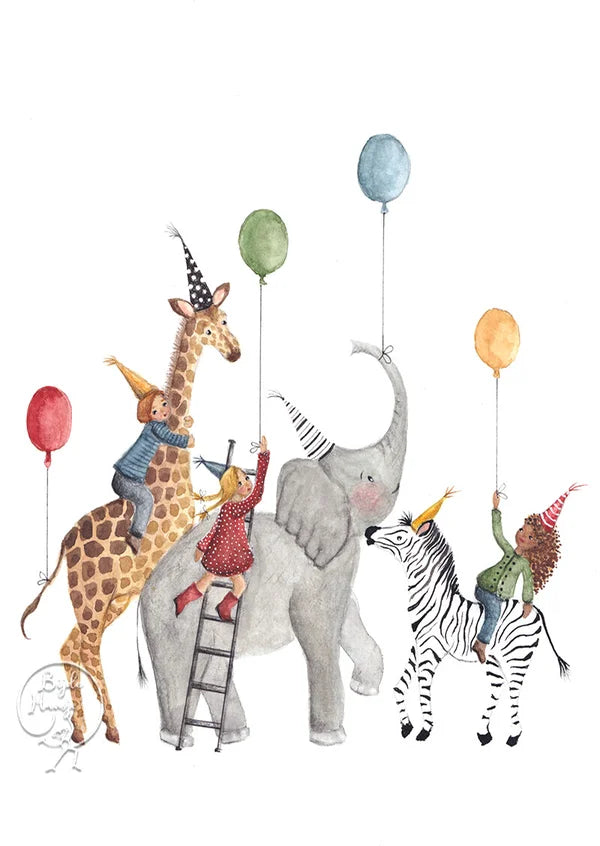 Kindergeburtstagskarte mit Kindern auf Giraffe, Elefant und Zebra mit bunten Luftballons – Geburtstagsparty GK37