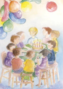 Postkarte Kindergeburtstag von Johanna Schneider, Ausschnitt mit Geburtstagstorte und Kerzen