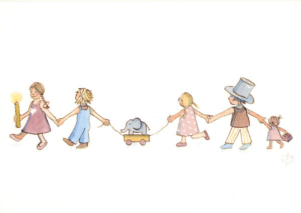 Postkarte mit Kinderkette: Kerze, Spielzeugelefant und festliche Kleidung – Glückwunsch PKGR11