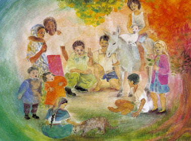 Waldorf Postkarte Kinderkonferenz von Christine Thomas mit bunt gemischter Kindergruppe, Esel und Katze