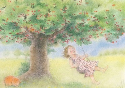 Postkarte Kirschbaumschaukel Sanne Dufft, Nahaufnahme der gedruckten Karte