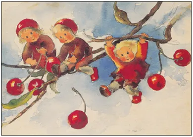 Postkarte Kirschenkinder – Zwergenkinder ernten Kirschen auf Zweig, Aquarell von Mili Weber