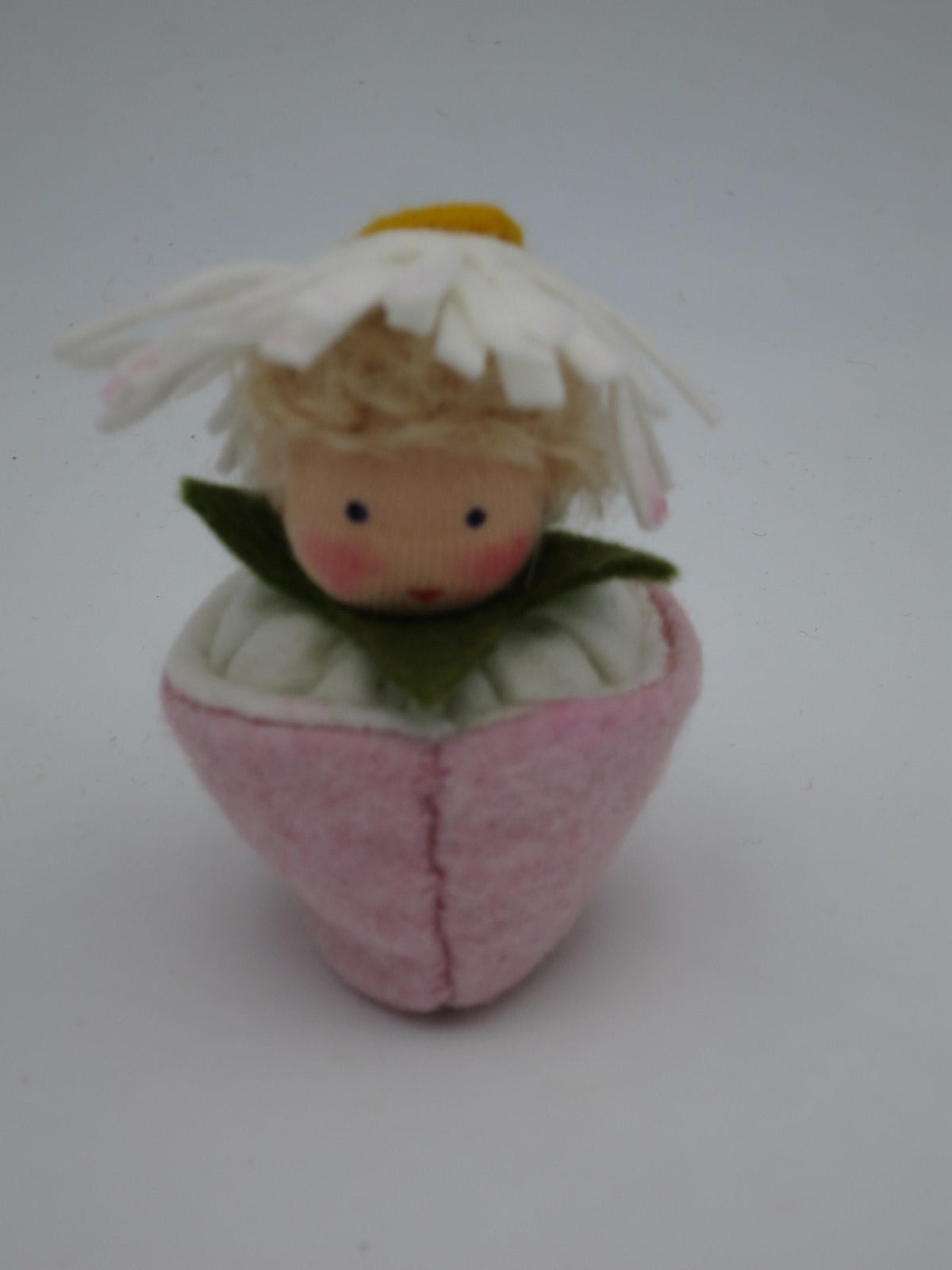 Porträt Kleine Margerite im rosa Topf mit weißen Blütenblättern, Waldorf-Jahreszeitentisch Sommer