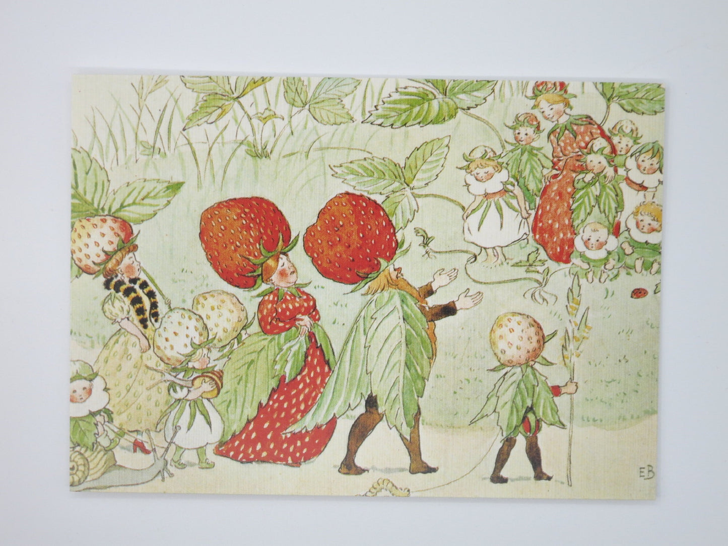 Waldorf Postkarte Kleiner Erdbeerkönig von Elsa Beskow mit Erdbeerkinder-Prozession und Erdbeerkönig