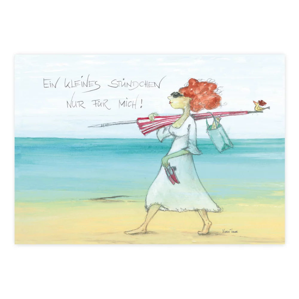Postkarte Ein kleines Stündchen nur für mich: Frau am Strand mit Sonnenschirm – PKGR103